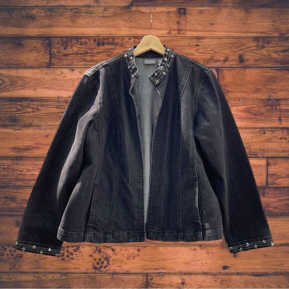 Additions by Chico's Studded Black Denim Jacket Size 2 (Large) - Picture 1 of 6